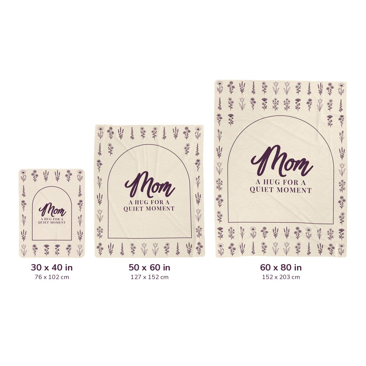 Three Cream velveteen plush blankets side by side on white, labeled 30 x 40, 50 x 60 and 60 x 80 inches, with measurements in cm.