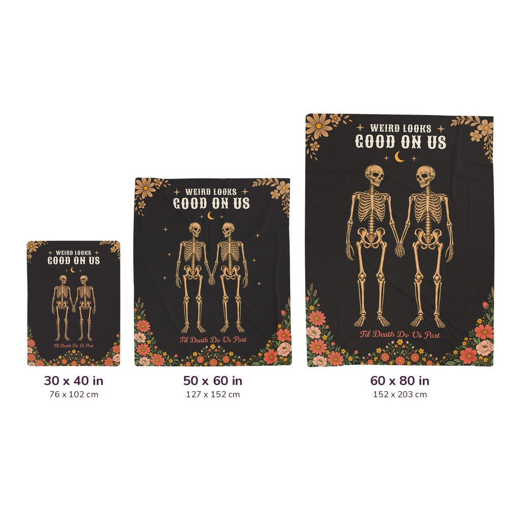 Three Black velveteen plush blankets with skeletons on white, labeled 30 x 40, 50 x 60 and 60 x 80 inches, with cm measurements.