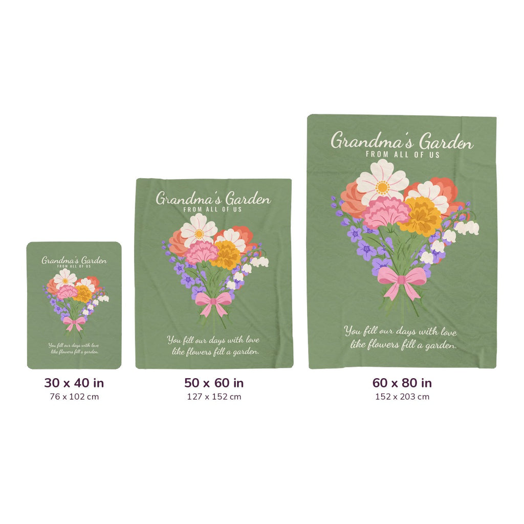 Sage grandma blankets in velveteen plush lie side by side on white, labeled 30 x 40, 50 x 60 and 60 x 80 inches, with cm equivalents.