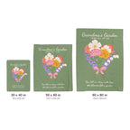Sage grandma blankets in velveteen plush lie side by side on white, labeled 30 x 40, 50 x 60 and 60 x 80 inches, with cm equivalents.