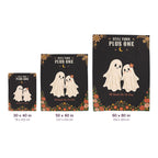 Side by side on white, Black velveteen plush blankets with ghosts are labeled 30 x 40, 50 x 60 and 60 x 80 inches, with cm labels.