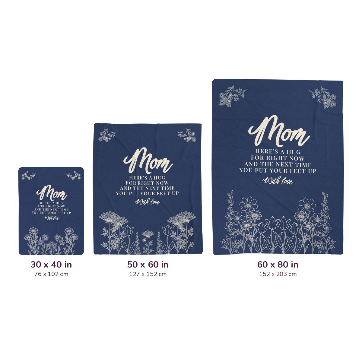 Three Navy velveteen plush blankets on white, labeled 30 x 40, 50 x 60 and 60 x 80 inches, with measurements in cm.