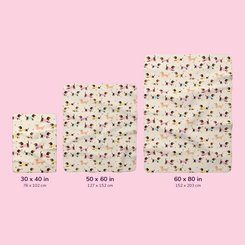 Size chart for Cream sherpa fleece blankets in 30x40, 50x60, and 60x80 in, shown to scale with inch and cm labels.