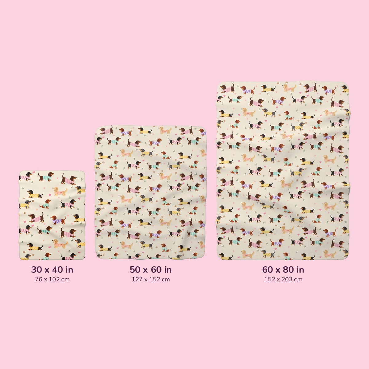 Size chart for Cream sherpa fleece blankets in 30x40, 50x60, and 60x80 in, shown to scale with inch and cm labels.