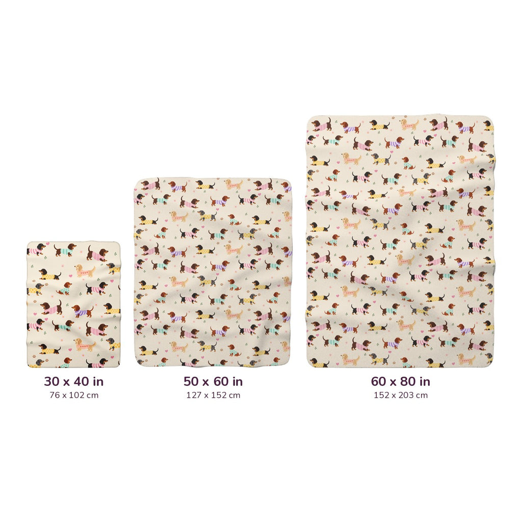 Size chart for Cream sherpa fleece blankets in 30x40, 50x60, and 60x80 in, shown to scale with inch and cm labels.