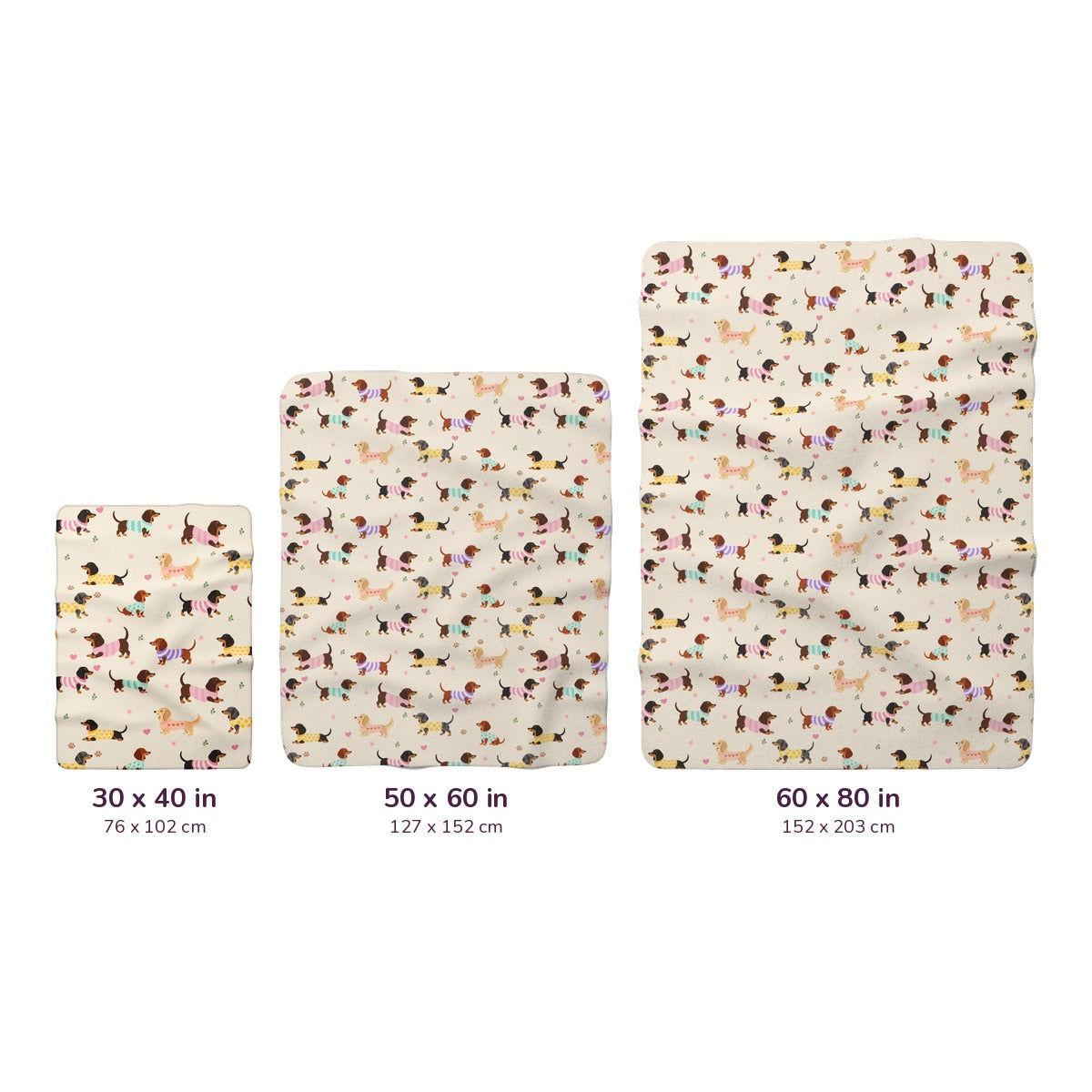 Size chart for Cream sherpa fleece blankets in 30x40, 50x60, and 60x80 in, shown to scale with inch and cm labels.