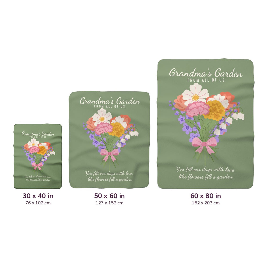 Three Sage sherpa fleece blankets lie side by side on white, labeled 30 x 40, 50 x 60 and 60 x 80 inches, with cm equivalents.