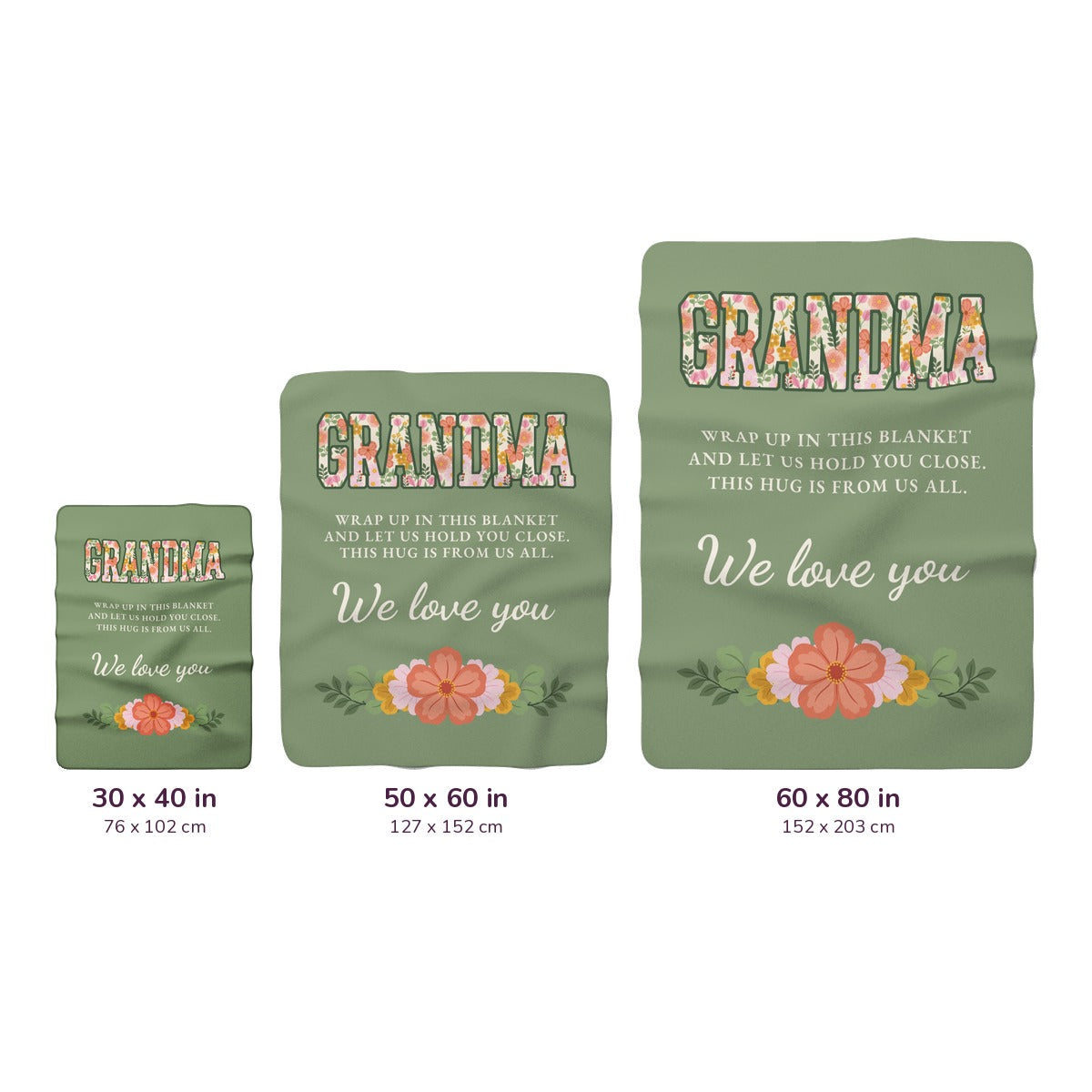 Sherpa fleece blankets sit side by side on white, labeled 30 x 40, 50 x 60 and 60 x 80 inches, with measurements in cm too.