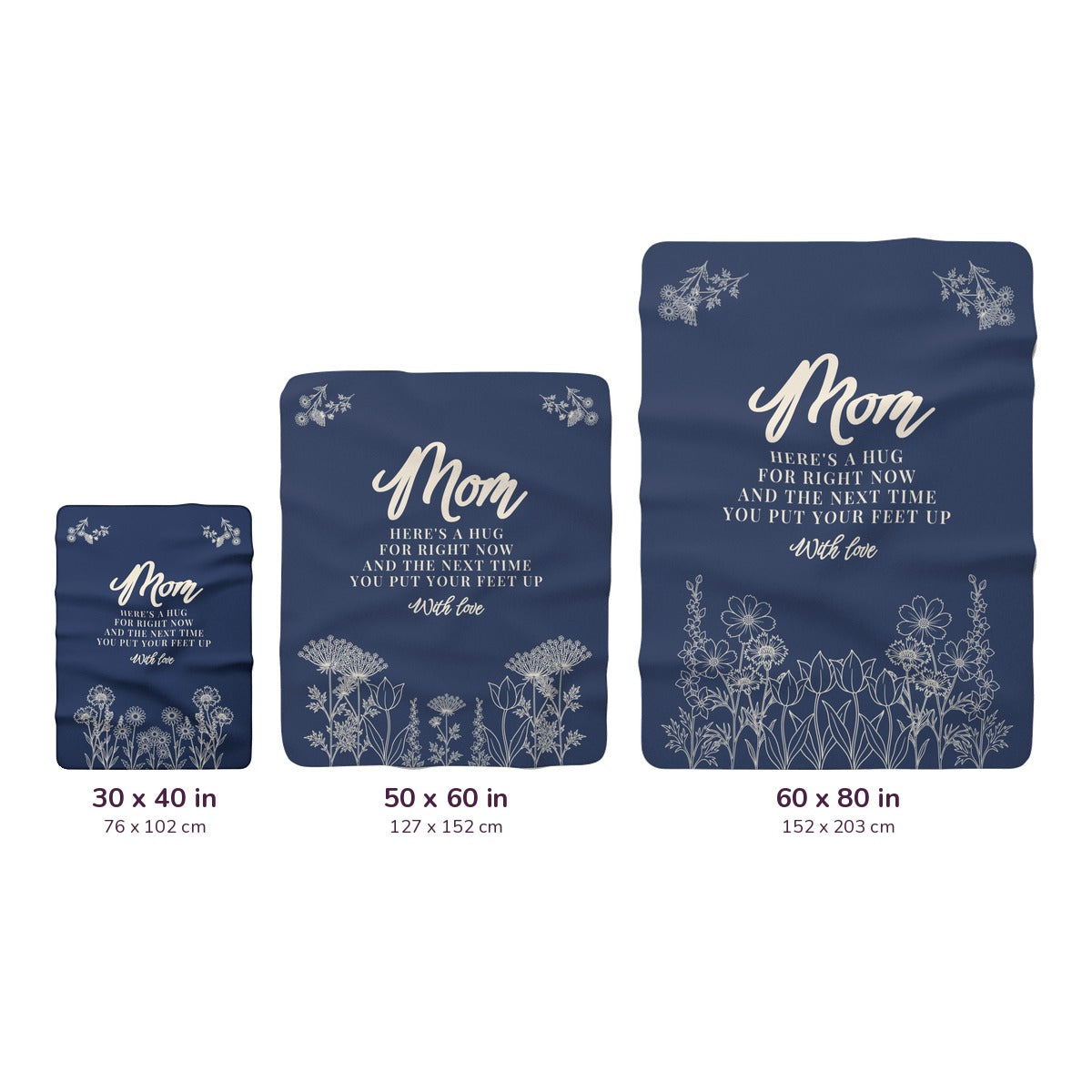 Three Navy sherpa fleece blankets sit side by side on white, labeled 30 x 40, 50 x 60 and 60 x 80 inches, with measurements in cm.