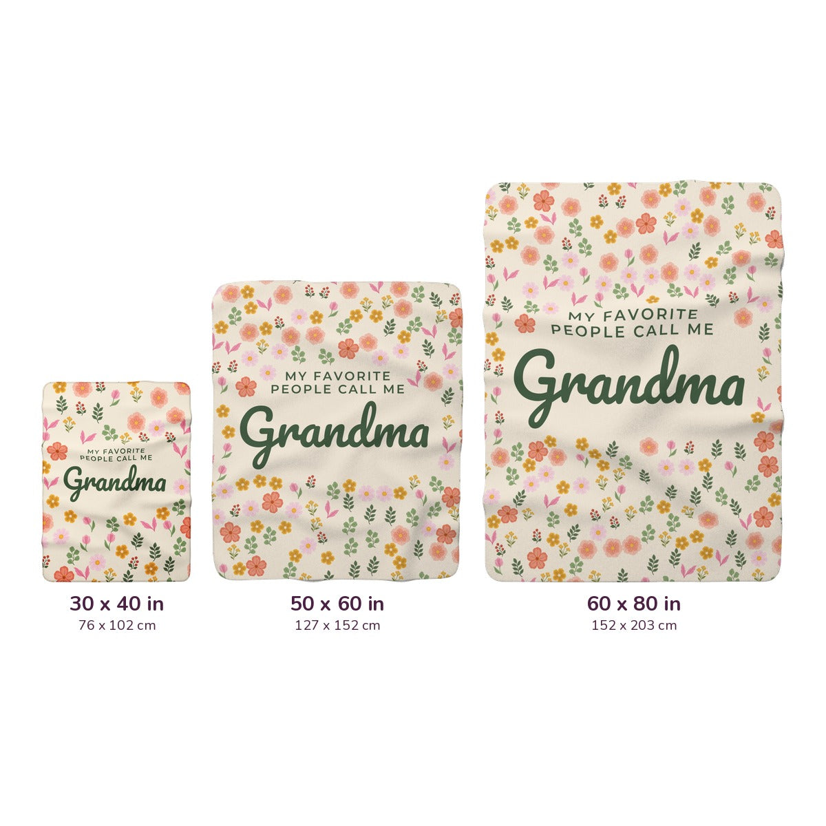 Cream sherpa fleece blankets sit side by side on white, labeled 30 x 40, 50 x 60 and 60 x 80 inches, with measurements in cm too.
