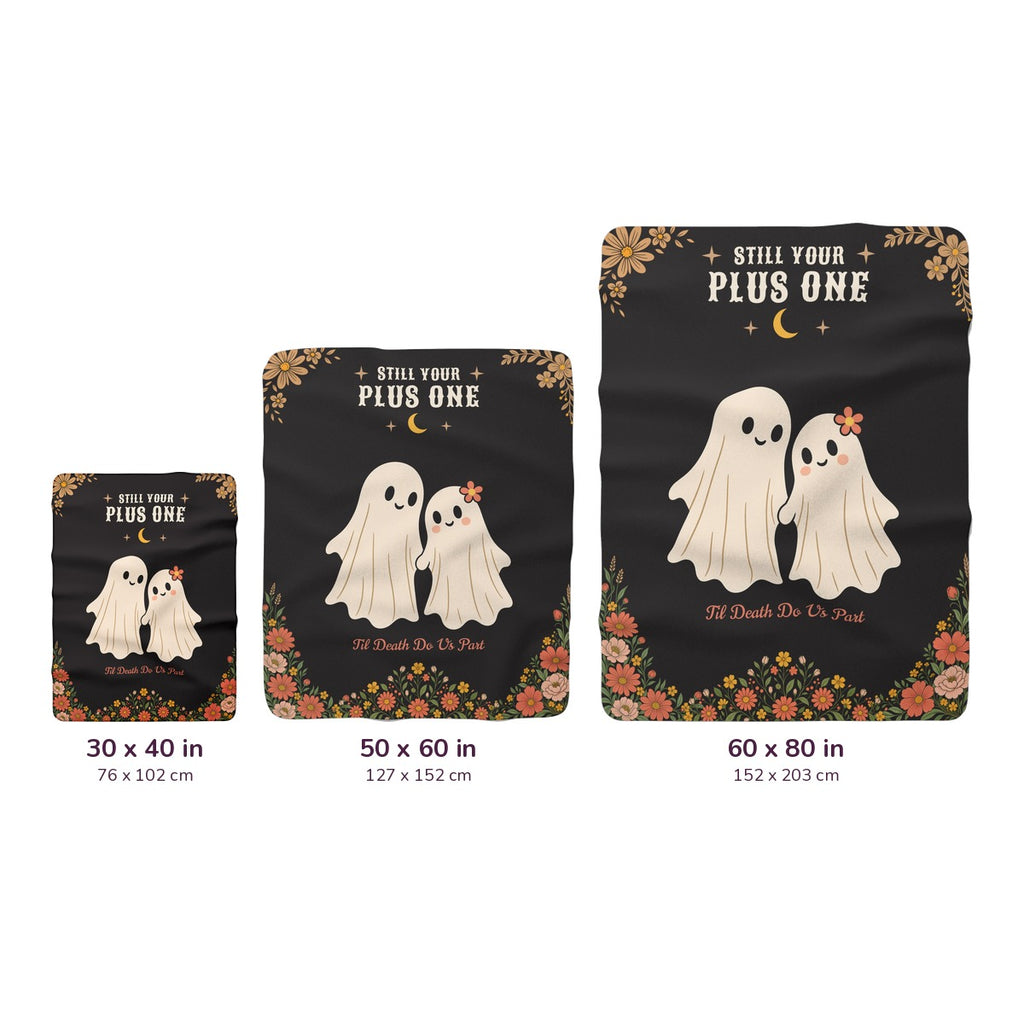 Three Black sherpa fleece blankets with ghosts sit side by side on white, labeled 30 x 40, 50 x 60 and 60 x 80 inches, with cm labels.