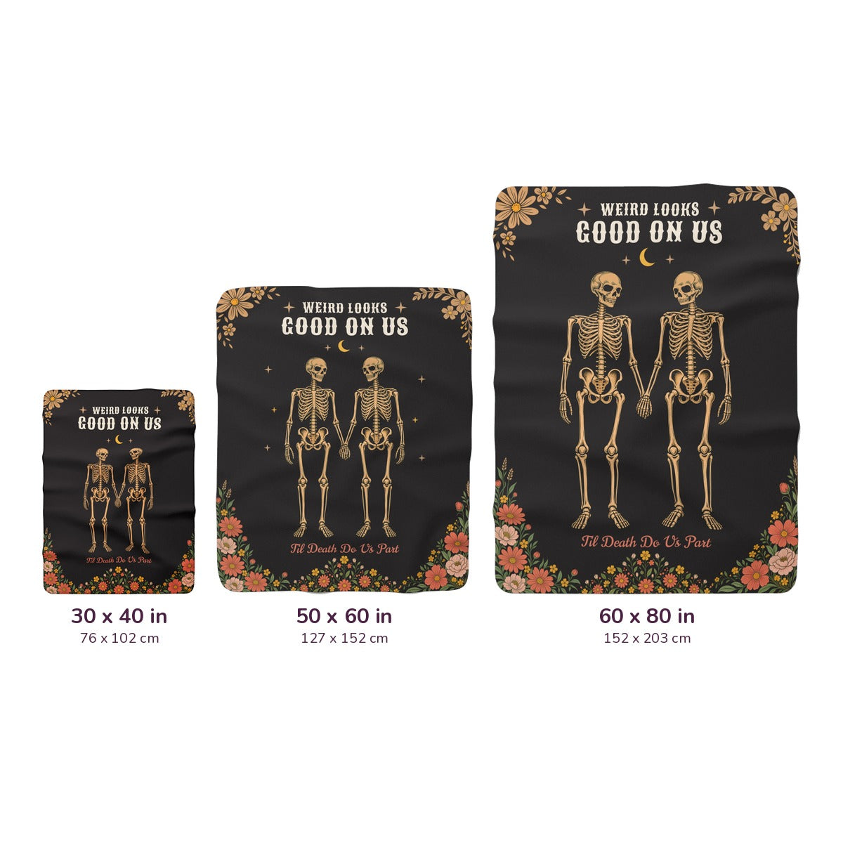 Shown on white, three Black sherpa fleece blankets with skeletons are labeled 30 x 40, 50 x 60 and 60 x 80 inches, with cm labels.