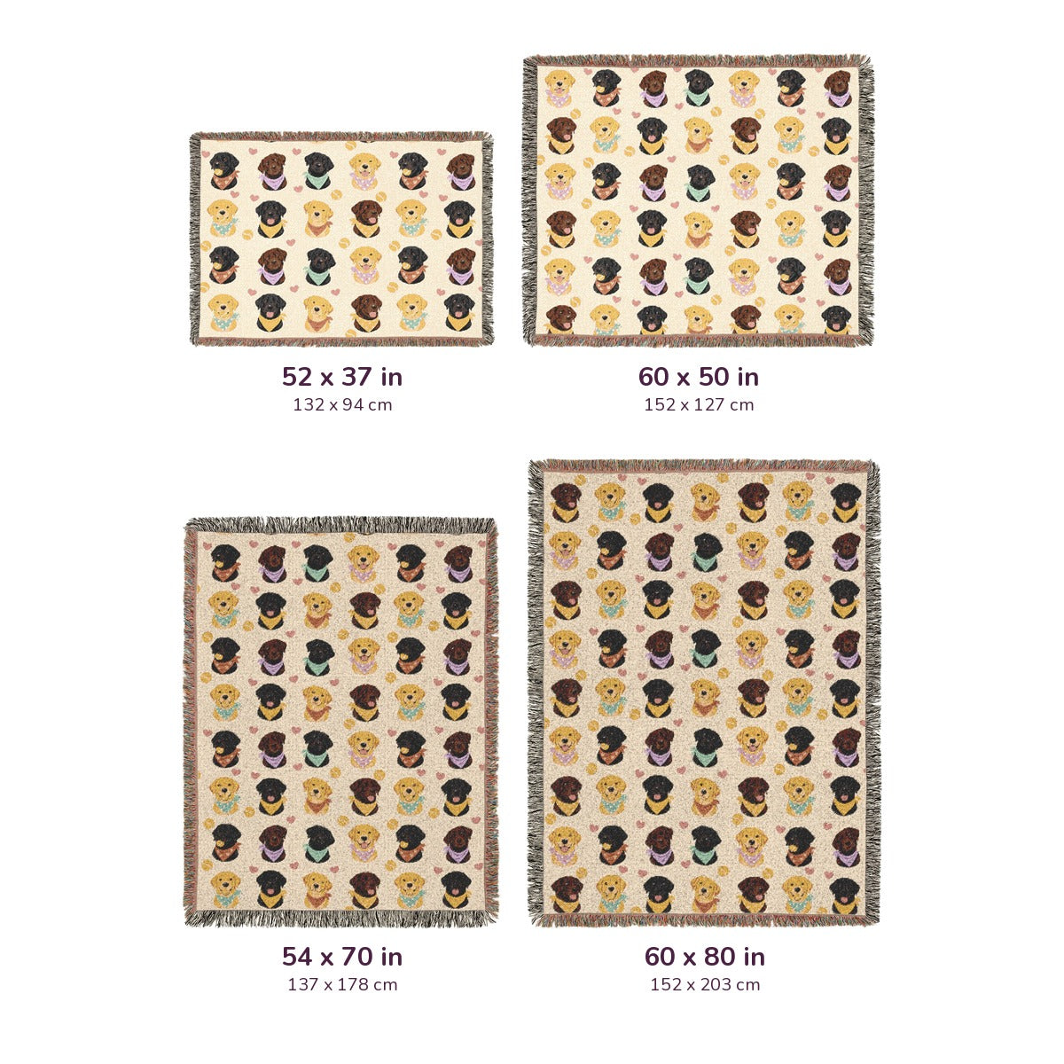 Four Cream woven cotton blanket sizes shown side by side to scale: 52x37, 60x50, 54x70 and 60x80 in, with inch and cm labels.