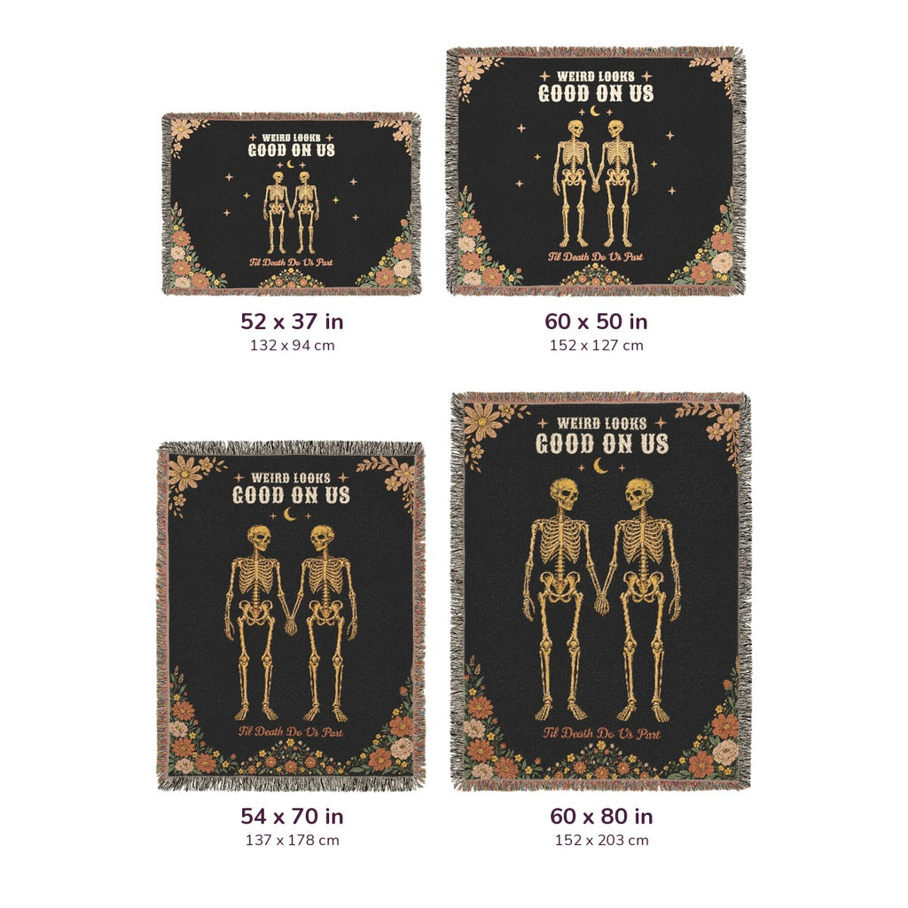 Four Black woven cotton blankets with skeletons on white, labeled 52 x 37, 60 x 50, 54 x 70 and 60 x 80 inches, with cm measurements.