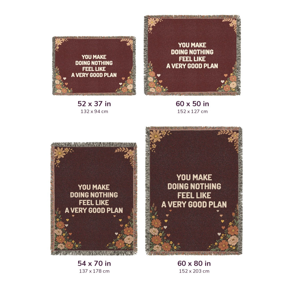 Wine woven cotton anniversary blanket sizes on white: 52 x 37, 60 x 50, 54 x 70 and 60 x 80 inches, each with cream words and inch and cm labels.