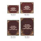 Wine woven cotton anniversary blanket sizes on white: 52 x 37, 60 x 50, 54 x 70 and 60 x 80 inches, each with cream words and inch and cm labels.