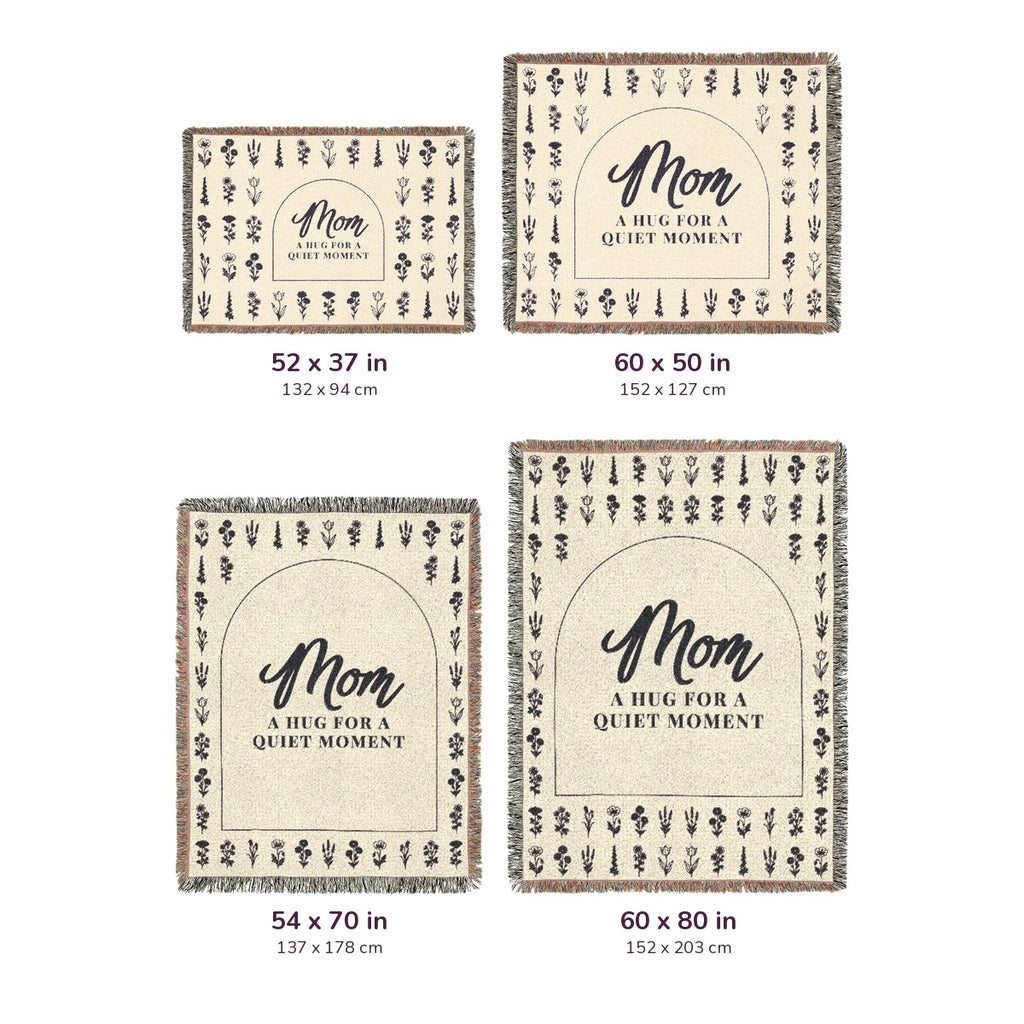 Four Cream woven cotton blankets on white, labeled 52 x 37, 60 x 50, 54 x 70 and 60 x 80 inches, with measurements in cm.
