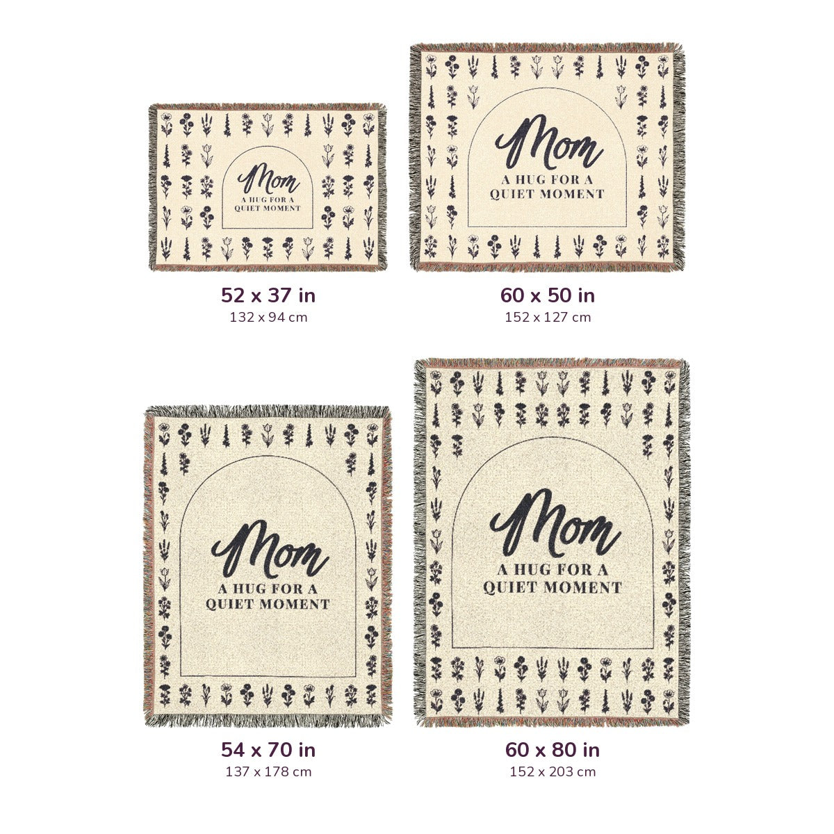 Four Cream woven cotton blankets on white, labeled 52 x 37, 60 x 50, 54 x 70 and 60 x 80 inches, with measurements in cm.