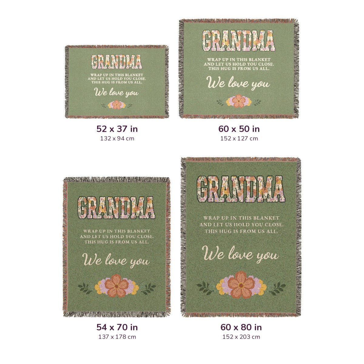 Four woven cotton blankets lie side by side on white, labeled 52 x 37, 60 x 50, 54 x 70 and 60 x 80 inches, with cm equivalents.