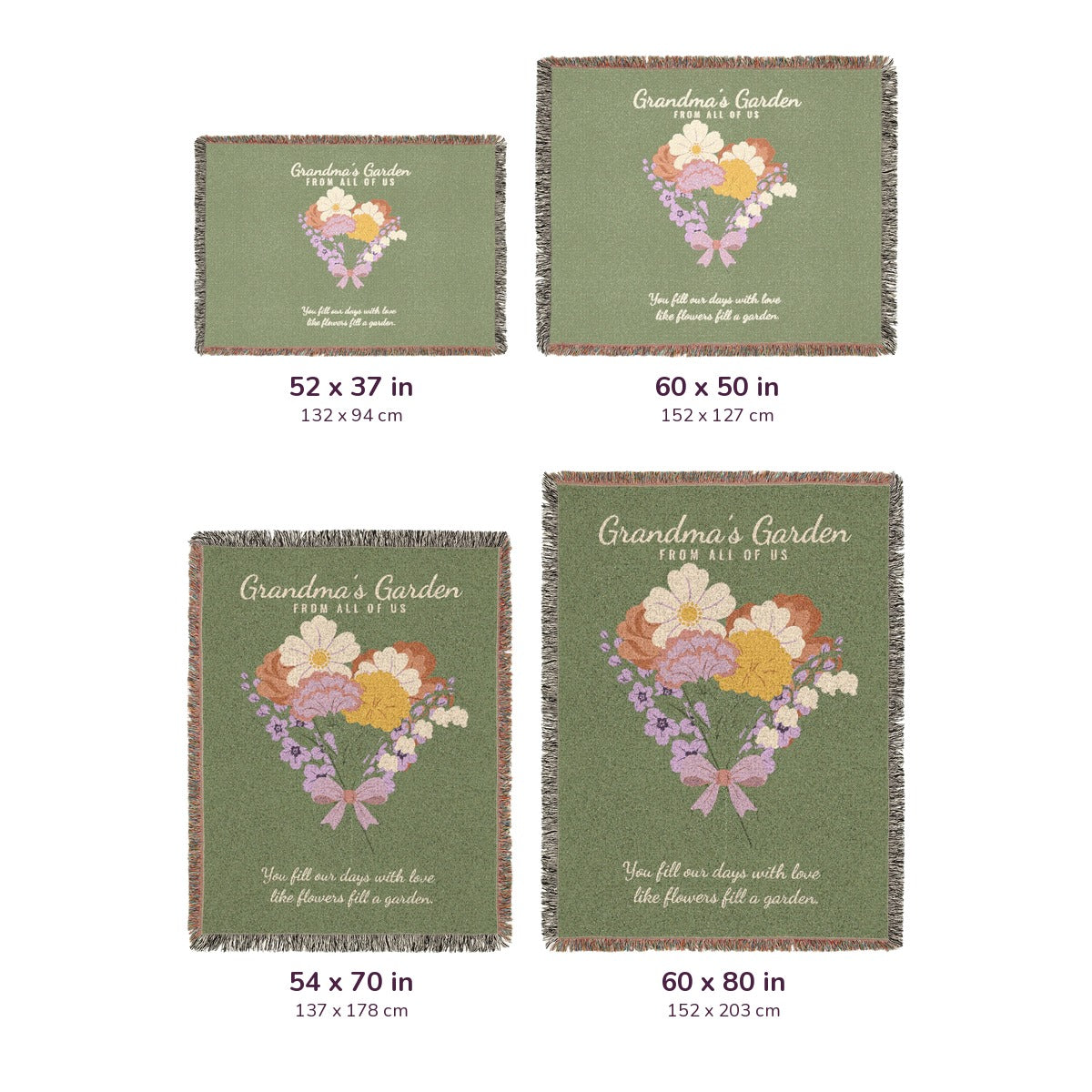 Four Sage woven cotton blankets sit side by side on white, labeled 52 x 37, 60 x 50, 54 x 70 and 60 x 80 inches, with cm equivalents.
