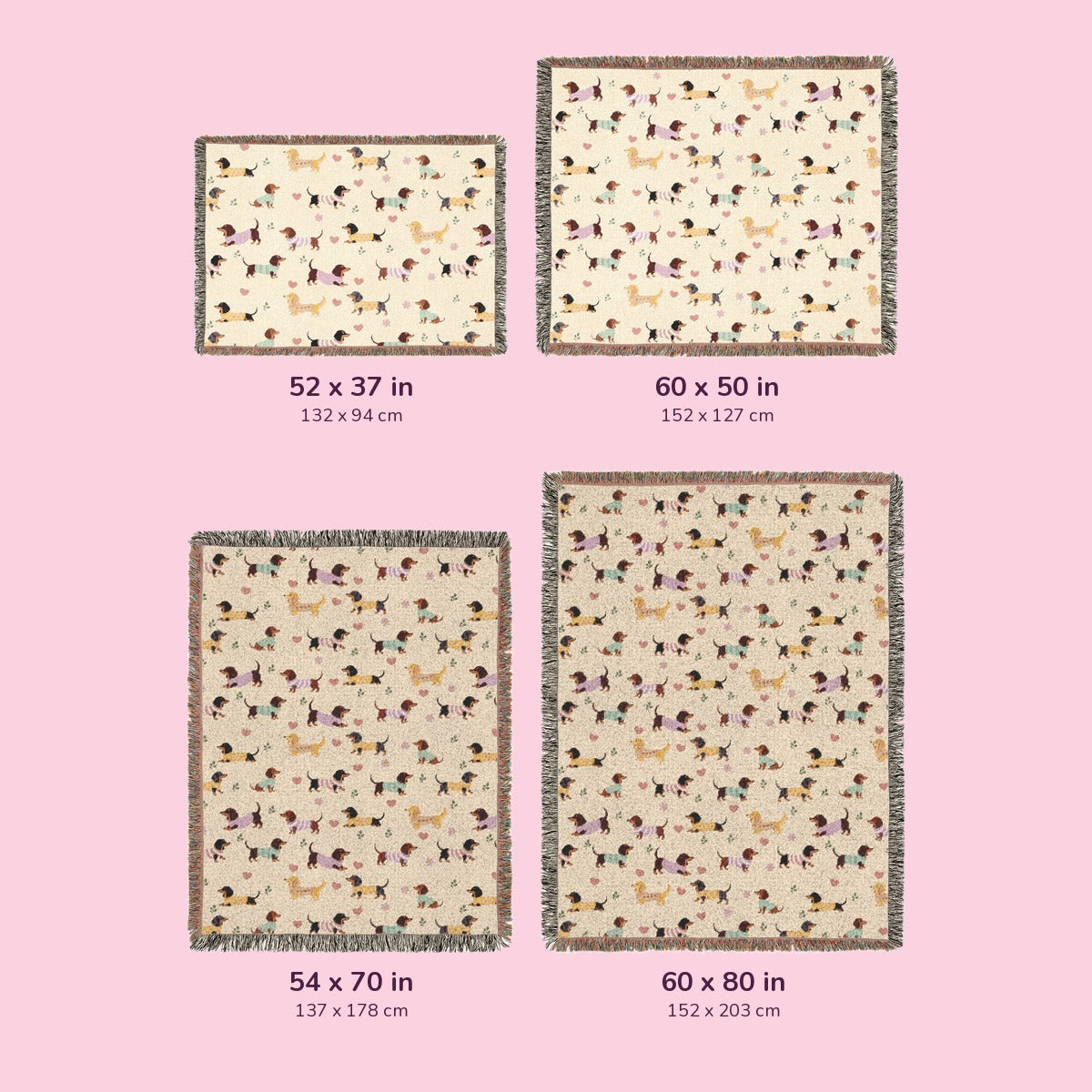 Four Cream woven cotton blanket sizes: 52x37, 60x50, 54x70, and 60x80 in, each labeled in inches and cm.