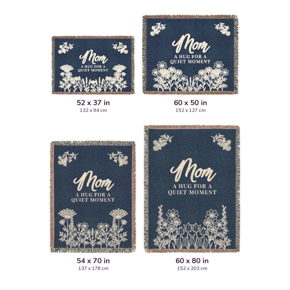 Four Navy woven cotton blankets on white, labeled 52 x 37, 60 x 50, 54 x 70 and 60 x 80 inches, with measurements in cm.